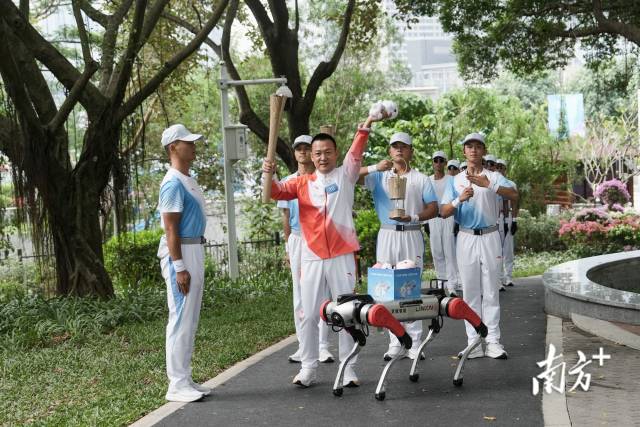 1月2日上午,十五运会火炬传递活动上“机器狗”现身深圳,将全运会吉祥物交给火炬手。 11月2日上午,十五运会火炬传递活动上“机器狗”现身深圳,将全运会吉祥物交给火炬手。