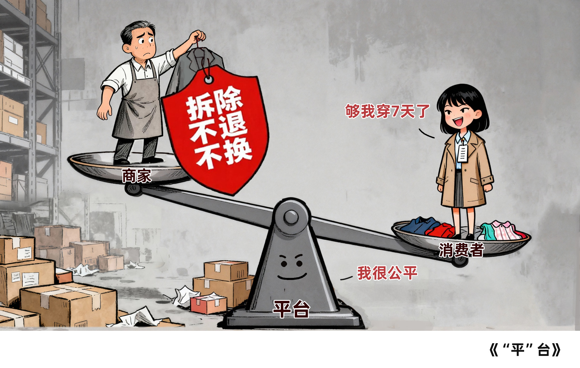为防少数人滥用“七天无理由退货”，商家挂出“巨型吊牌”抵制恶意退货。这实为平台规则过度倾向消费者、导致权责失衡后商家的无奈之举。治理之道在于平台明确双方权责，构建有效制衡。