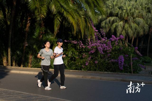 广西柳州,杨晓婷与引导员魏静进行跑步训练。 广西柳州,杨晓婷与引导员魏静进行跑步训练。