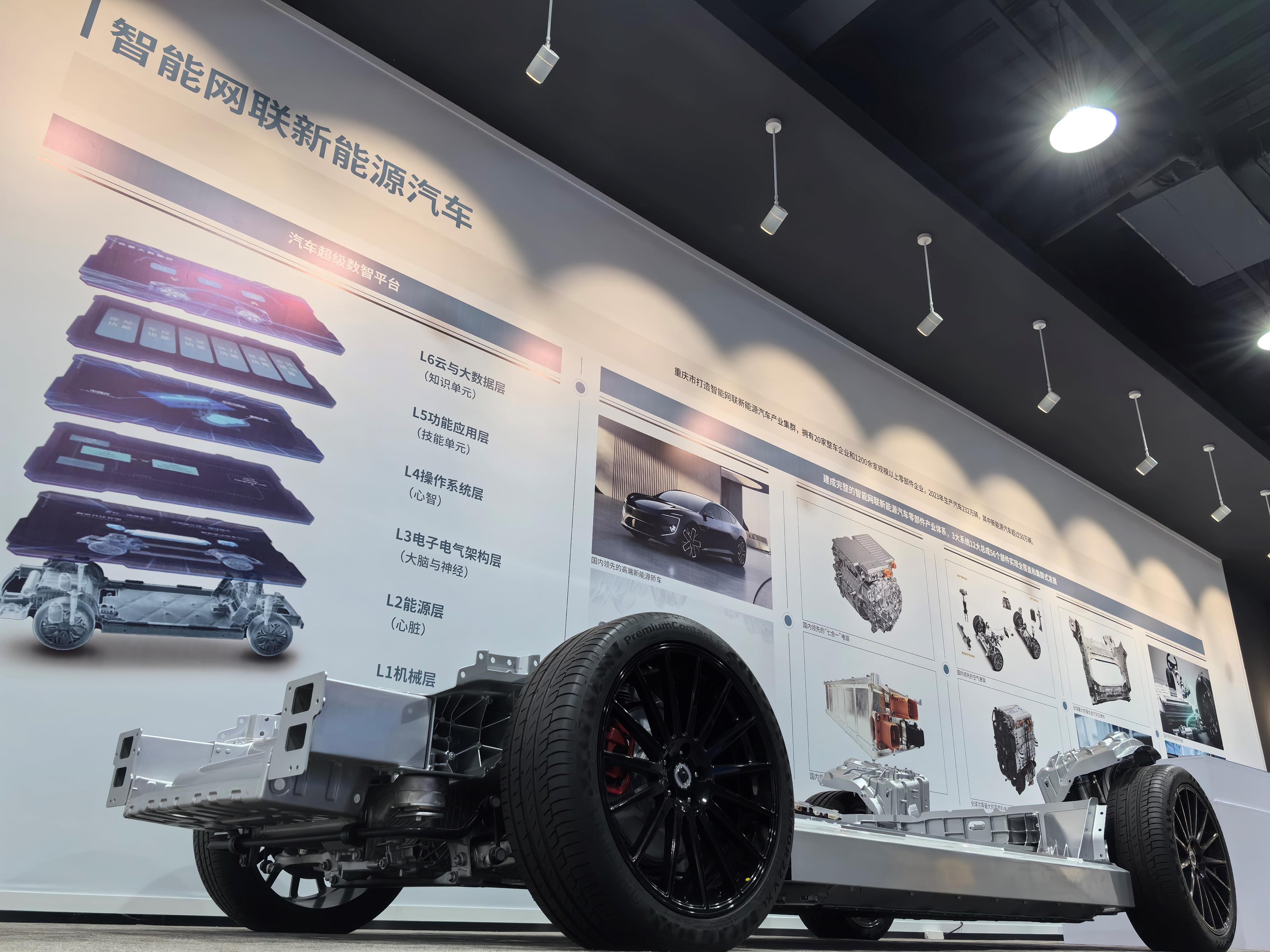 在重庆市科技创新和产业发展成果展示上的智能网联新能源汽车部件。（总台央广记者潘毅拍摄）