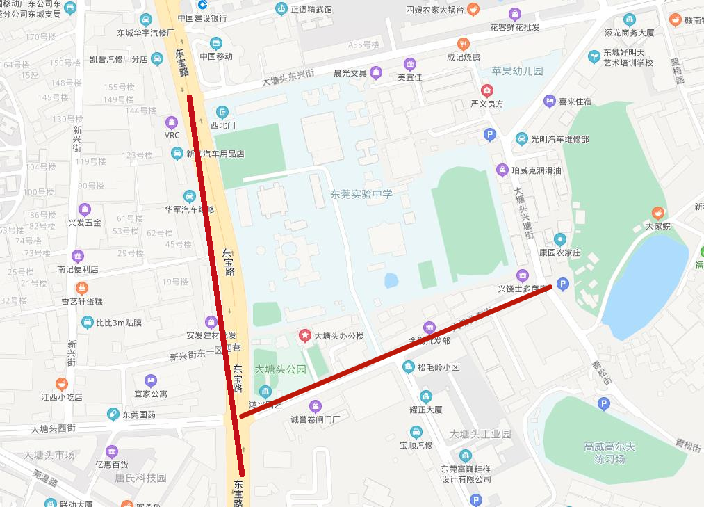 大塘头东街、东宝路东莞实验中学路段交通管制示意图