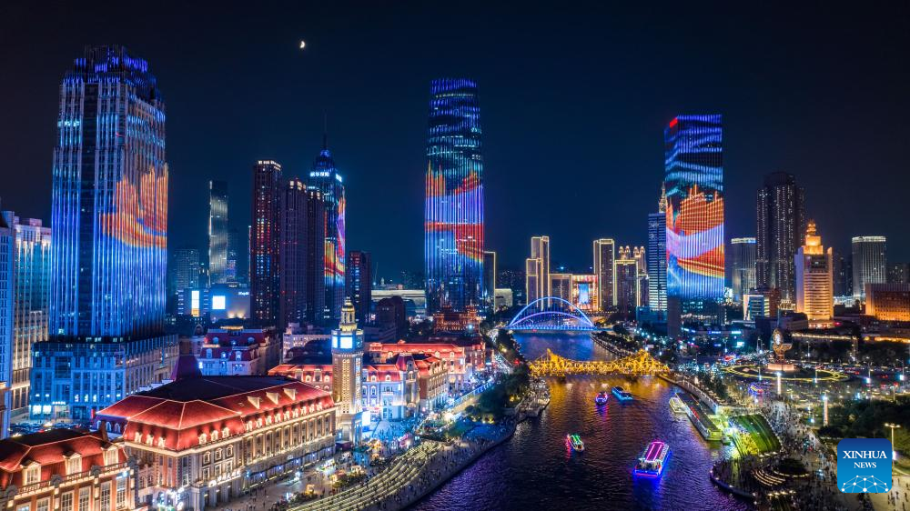 Night view along Haihe River in China's Tianjin