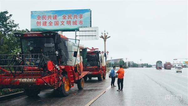 唐河县高速收费站附近，焦作收割机手韩凯正在考虑下一步行程 （来自央广网程海舟摄）