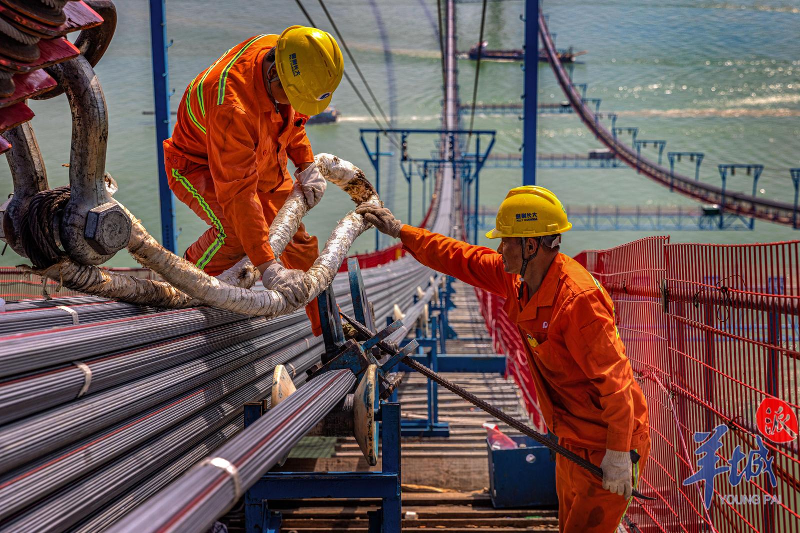 深中通道工人在伶仃洋大桥架设主缆 马国泉拍摄于2022年8月14日