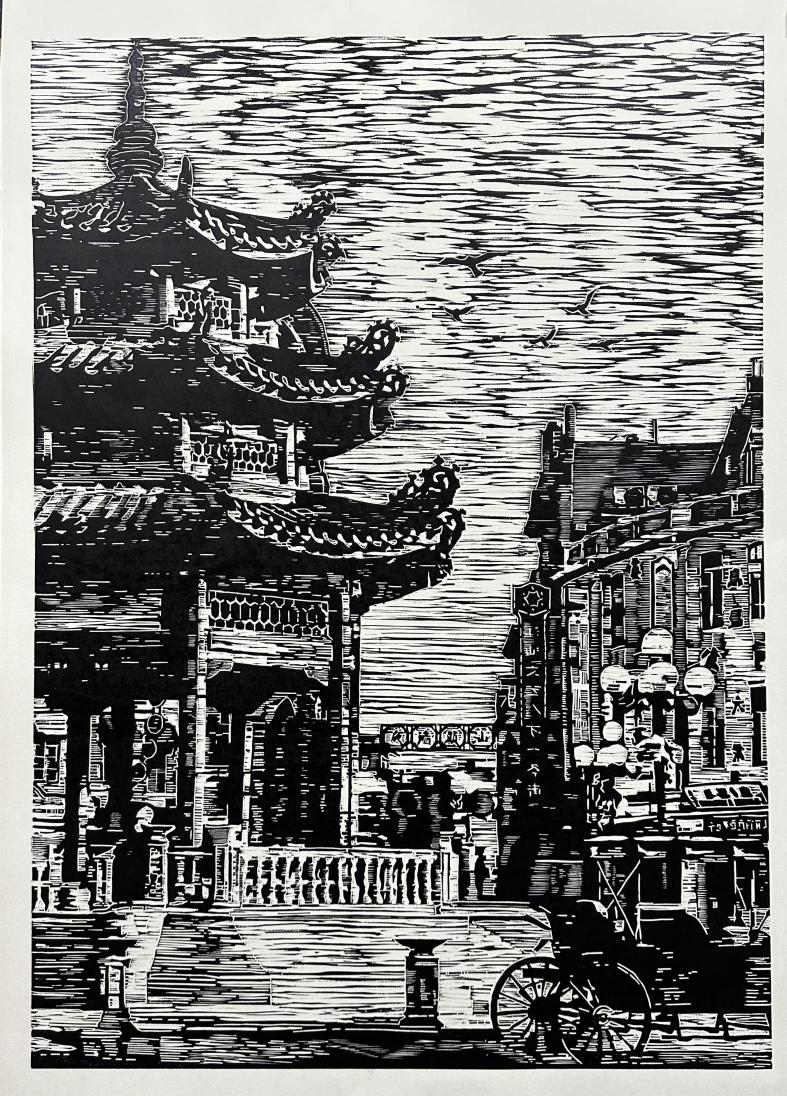 朱德源 版画《百载商埠》85x59cm