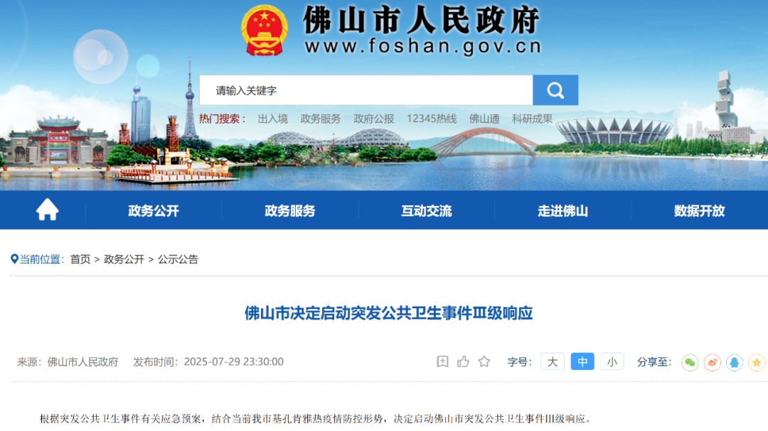 Foshan activates Level Ⅲ public health emergency response over chikungunya