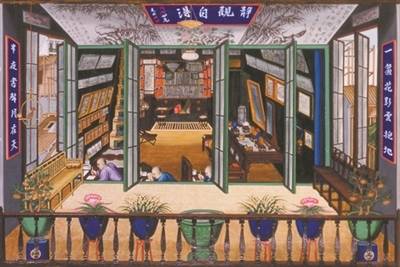 众多广州本地画家用油画、水彩、水粉等西方画种生产外销画。图为香港艺术馆藏的《廷呱画室》 