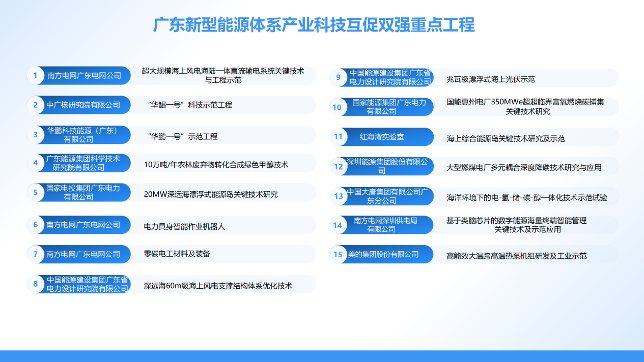 15个入选的广东新型能源体系产业科技互促双强重点工程。图源：省能源局提供