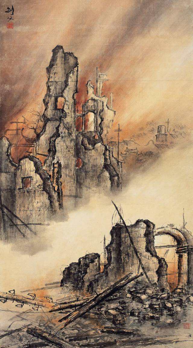 高剑父 东战场的烈焰 1932年 中国画 166cm×92cm 广州艺术博物院（广州美术馆）藏