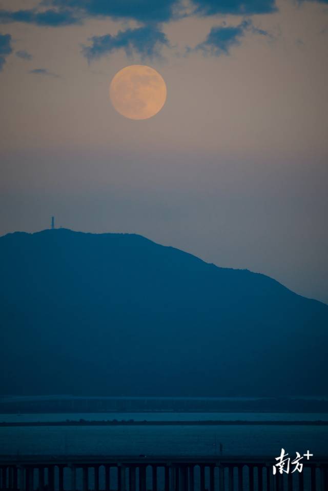 9月17日，珠海横琴上空圆月。南方+拍客 张洲 摄