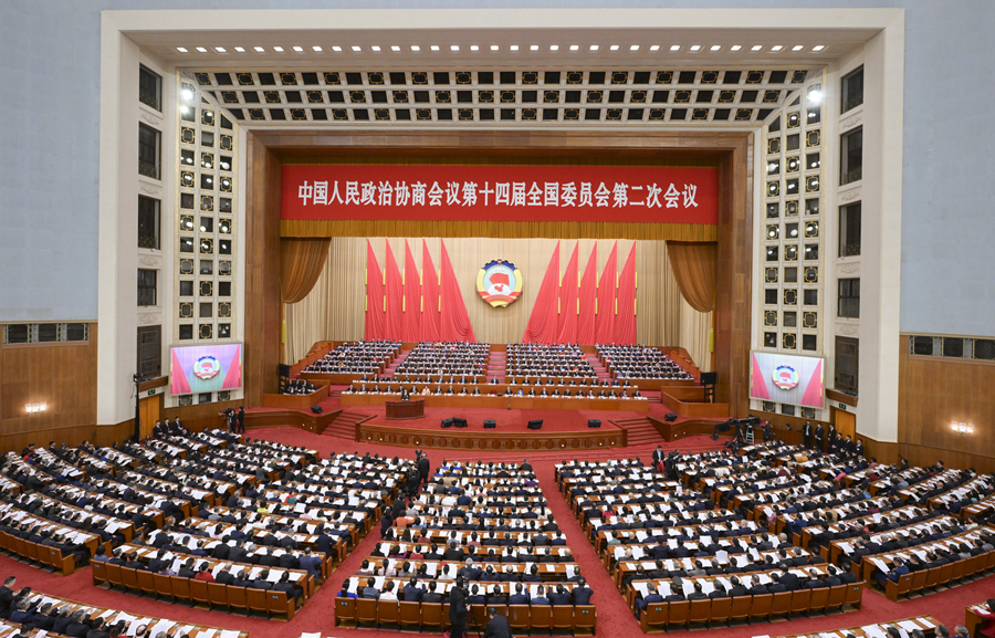 　　3月4日下午，中国人民政治协商会议第十四届全国委员会第二次会议在北京人民大会堂开幕。 新华社记者 李贺 摄