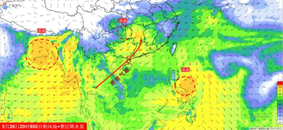 数值预报分析的5月26日天气形势。图/广东省气象服务中心制图