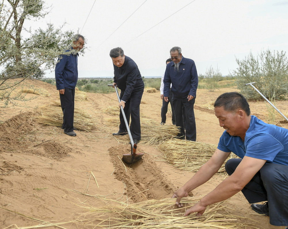 2019年8月21日，习近平在甘肃省武威市古浪县八步沙林场，实地察看当地治沙造林、生态保护等情况。