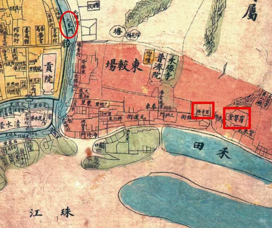 1900年粵東省城圖顯示百子橋、育嬰堂與大東門的位置