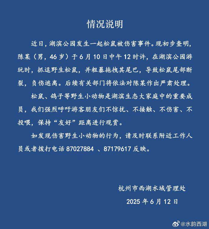 杭州西湖发布“松鼠尾部断裂事件”情况说明:依法严肃处理