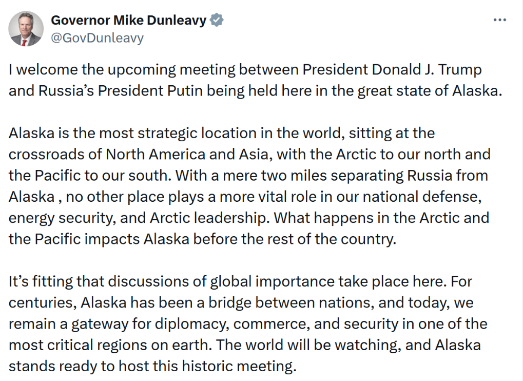 阿拉斯加州州长迈克·邓利维在社交媒体上的发文截图