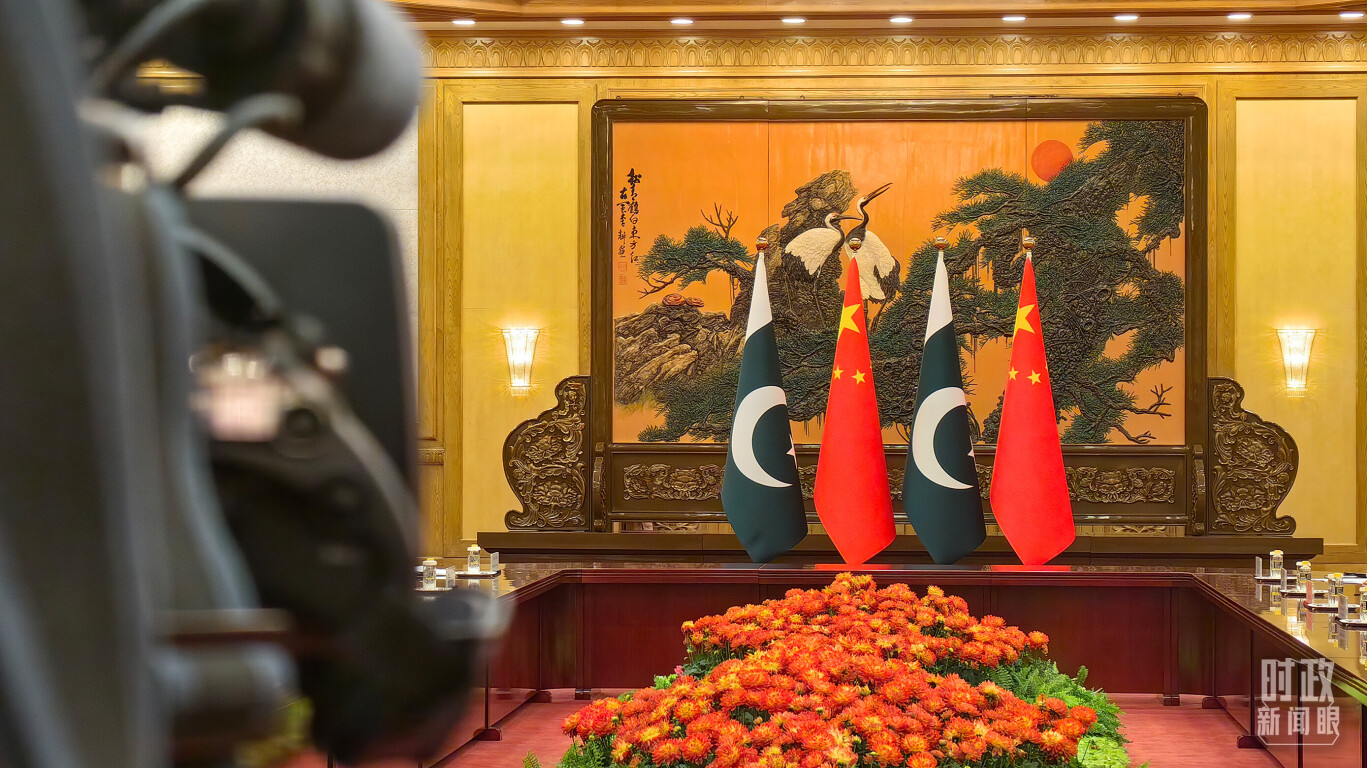 会见现场，中国、巴基斯坦两国国旗。（总台央广记者潘毅拍摄）