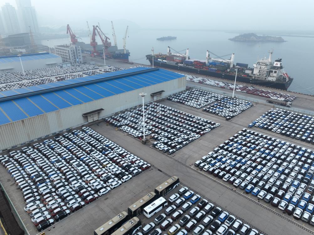 1月13日，在江苏连云港港东方港务分公司码头，大批汽车集港准备装船（无人机照片）。新华社发（王春 摄）