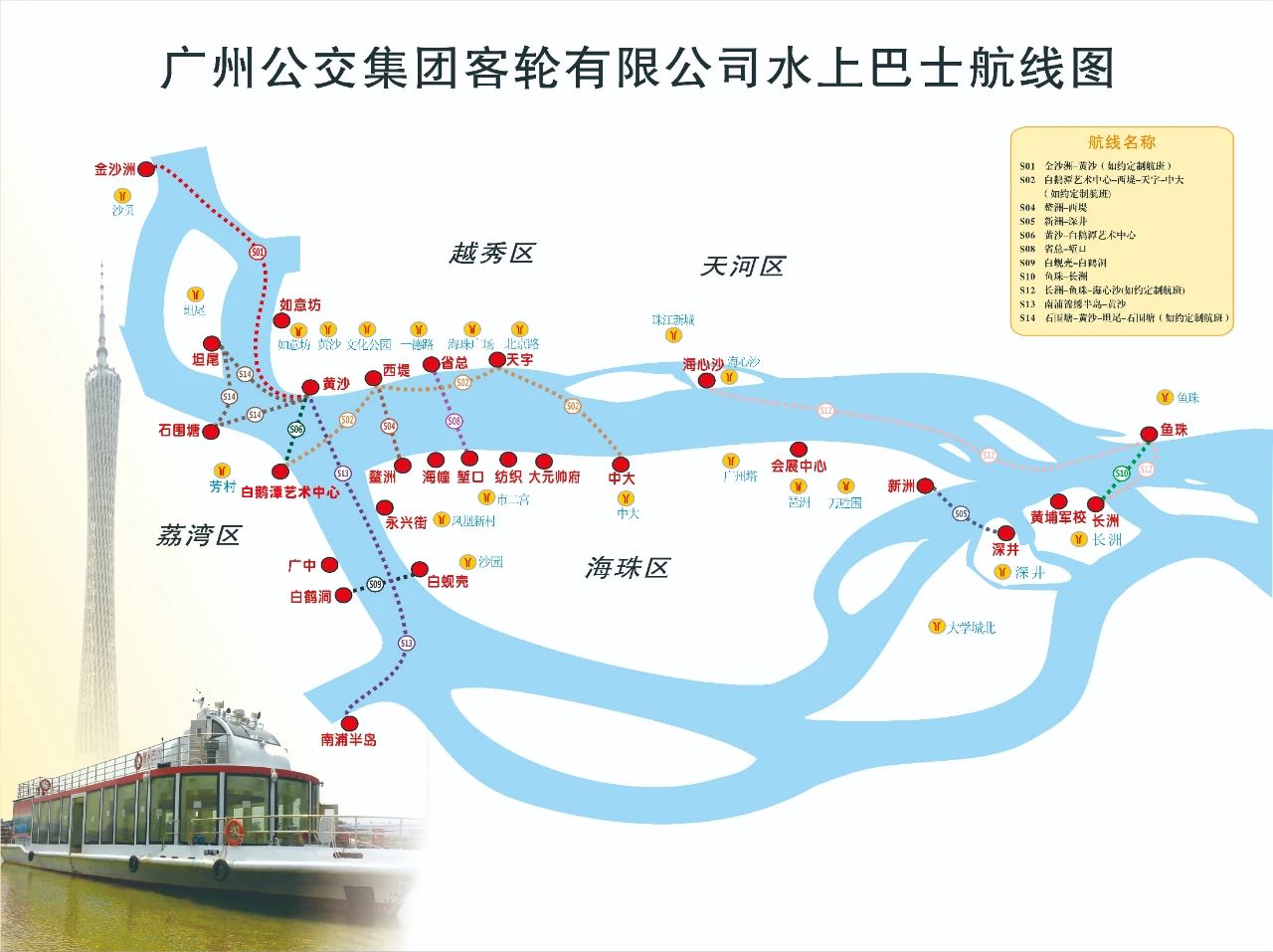 目前营运的水巴路线图 图源：广州水上公交