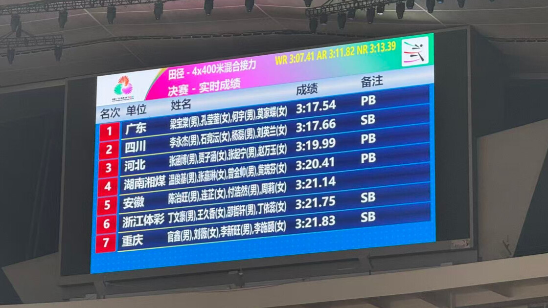 广东田径首金！十五运会广东队4×400米混合接力夺冠