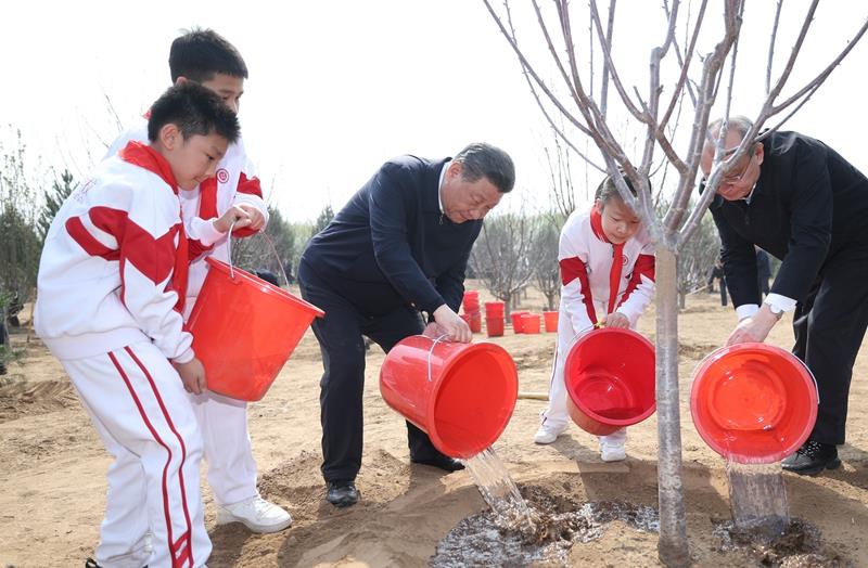 2024年4月3日，习近平总书记同少先队员一起给刚栽下的树苗浇水。