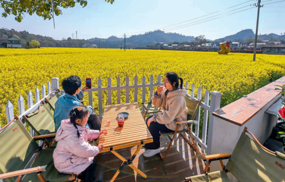 杭州市临安区太阳镇太阳米基地旁的一家民宿餐厅，客人在院子里喝茶赏景（2023年3月28日摄）徐昱摄/本刊