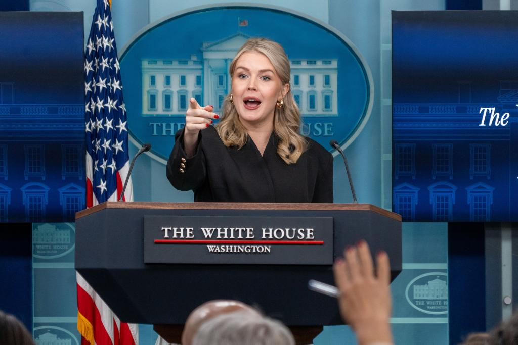 12月11日,在美国首都华盛顿,白宫新闻秘书卡罗琳·莱维特出席记者会。新华社发(李源清摄)