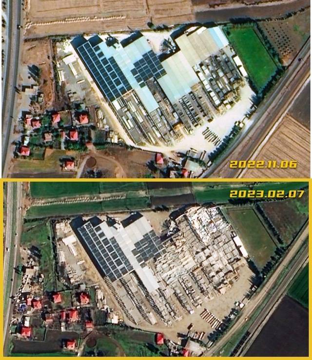 土耳其南部卡赫拉曼马拉什省蒂尔克奥卢地震前后卫星对比图