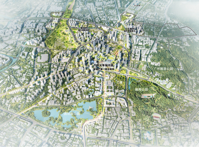 广州火车站片区鸟瞰（城市设计效果示意图，最终以市政府批准的法定规划为准）