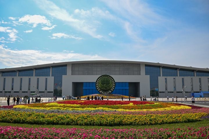 这是2025年9月1日拍摄的天津梅江会展中心外的花坛。新华社记者 孙凡越 摄