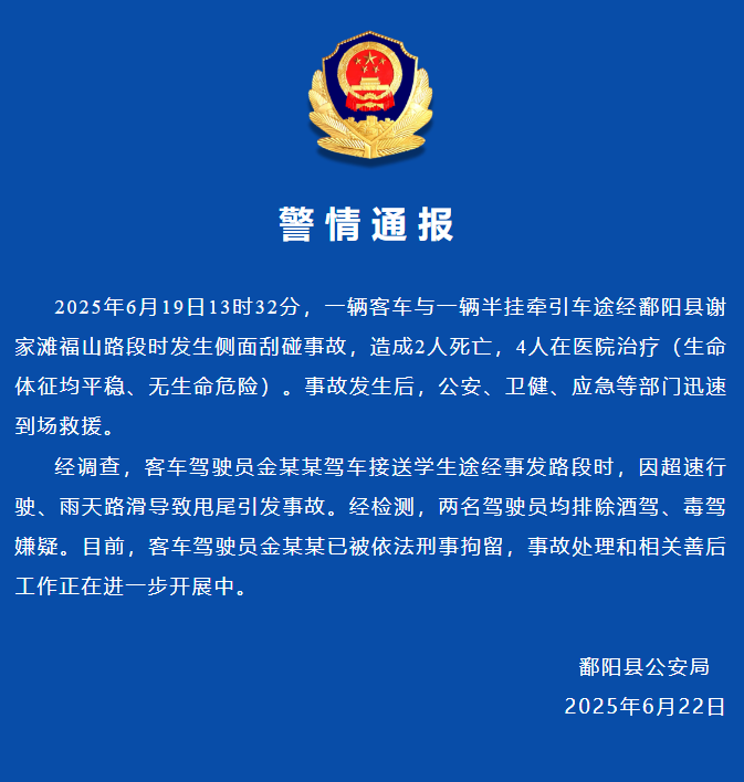 江西鄱阳发生一起校车交通事故致2死4伤，当地警方发布情况通报一辆运送学生的客运车辆在江西鄱阳县境内发生意外碰撞事故，造成两名乘客不幸遇难，另有四人不同程度受伤目前，鄱阳县公安局已就此事发布官方警情通报