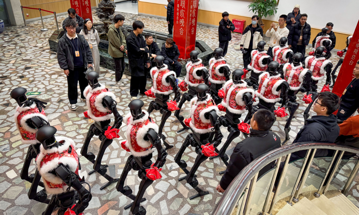 Unitree's yangge folk dance humanoid robot team lines up at the backstage of the 2025 Spring Festival Gala on January 28, 2025. Photo: Courtesy of Unitree