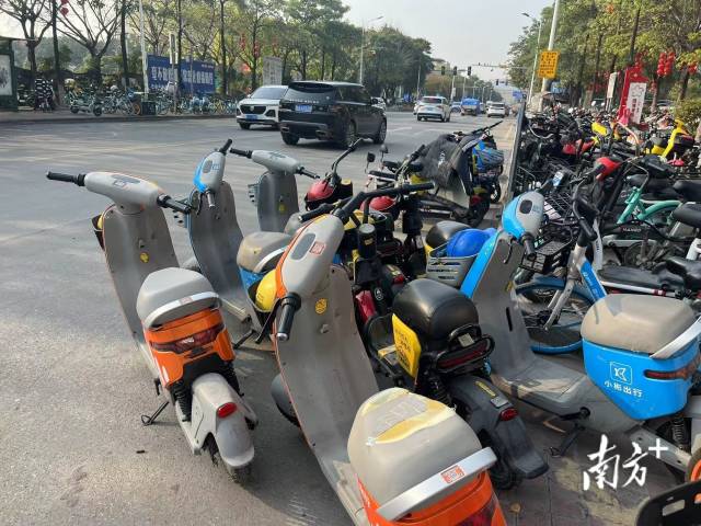 2月27日上午8时许，南浦地铁站外，人行道被共享单车占满，部分违规投放的共享电单车停在机动车道上。