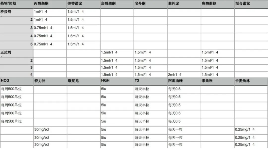 张志有花费近8000元得到的一份增肌计划和相关违禁药品。受访者供图(仅截取部分内容)