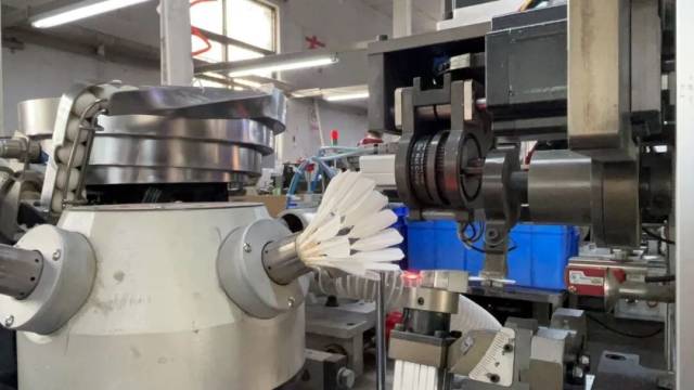 　　▲2026年1月12日，叶光兴的羽毛球制造厂内，自动化加工设备将毛片插入球头，单只羽毛球需要插入16根毛片 图/受访者提供